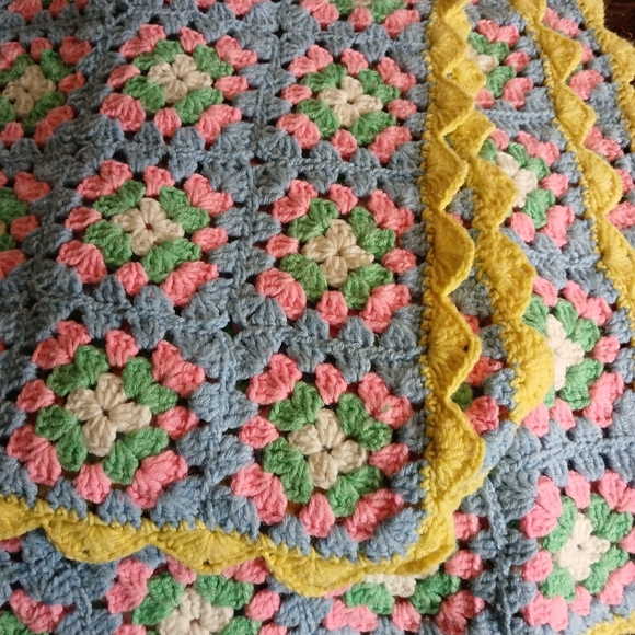 Handmade Other - Colorful Pastel Crochet Couch Blanket with Yellow Trim 54 X 80